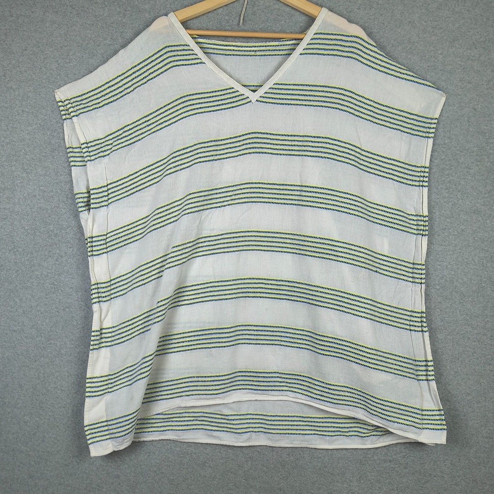 J Crew Poncho Top Womens Large Oversized Green White  Striped V‎ Neck Boho Beach